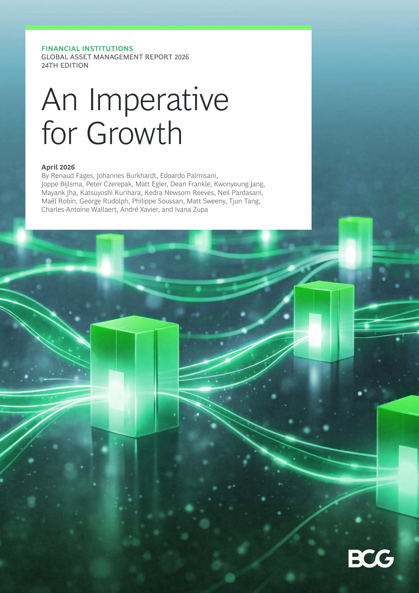 Portada del Global Asset Management Report 2026 de BCG, 24ª edición, titulado "An Imperative for Growth", fechado en abril de 2026