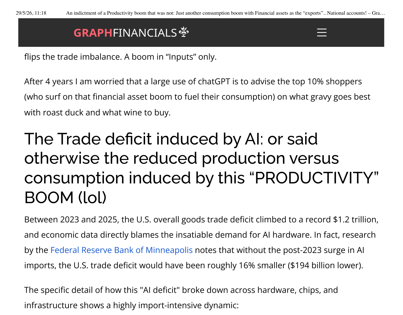 Página 4 del paper de GraphFinancials, "The Trade deficit induced by AI": el déficit total de bienes alcanza un récord de 1,2 billones de dólares en 2025 y, sin el surge de IA post-2023, habría sido un 16% menor (194.000 millones menos), con cita al Federal Reserve Bank of Minneapolis.