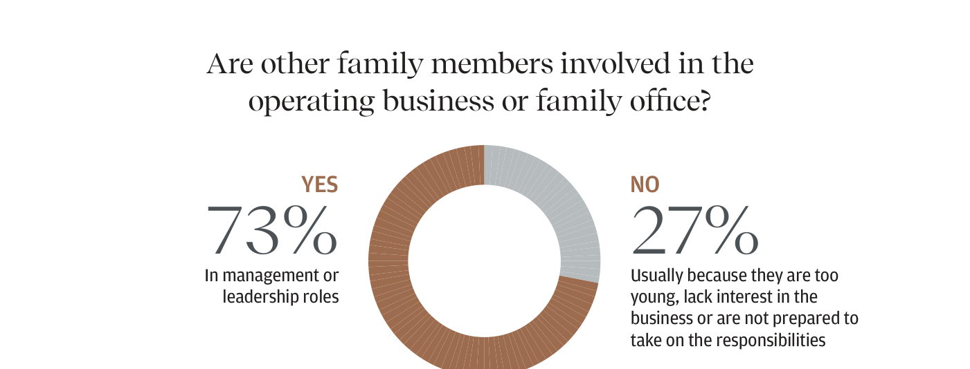 Gráfico de anillo (donut) que responde a la pregunta '¿Hay otros miembros de la familia implicados en el negocio operativo o el family office?'. El 73% responde SÍ ('en roles de gestión o liderazgo') y el 27% responde NO ('normalmente porque son demasiado jóvenes, no tienen interés en el negocio o no están preparados para asumir las responsabilidades'). El anillo combina segmentos marrones y grises sobre fondo blanco.