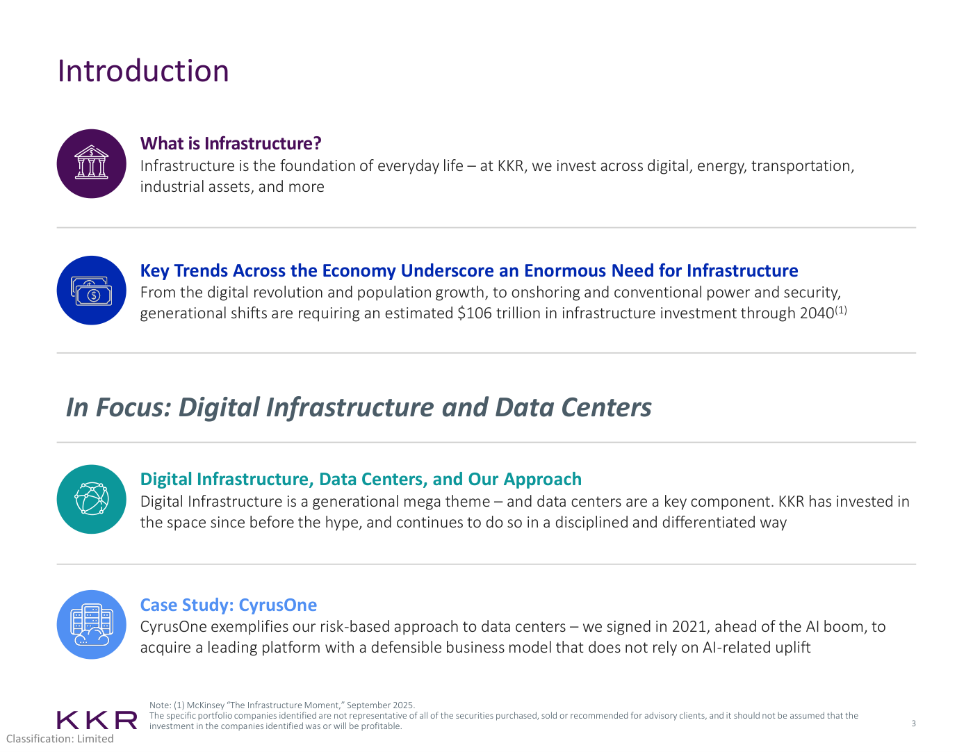 Introduction de la deck con cuatro secciones key: 'What is Infrastructure?' — la foundation of everyday life across digital, energy, transportation, industrial assets. 'Key Trends Across the Economy Underscore an Enormous Need for Infrastructure' — generational shifts requiring estimated $106 trillion in infrastructure investment through 2040 (McKinsey 'The Infrastructure Moment' September 2025). 'In Focus: Digital Infrastructure and Data Centers' — digital infrastructure is generational mega theme, KKR invested since before the hype, disciplined approach. 'Case Study: CyrusOne' — exemplifies risk-based approach to data centers, signed 2021 ahead of AI boom, leading platform with defensible business model that does not rely on AI-related uplift. Source: KKR Infrastructure February 2026.