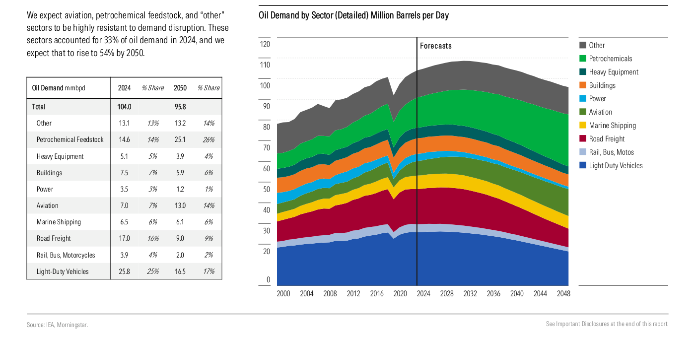 Gráfico 2 (Morningstar): demanda de petróleo por sector (detallado), en millones de barriles por día (2000-2048). El área apilada muestra la composición sectorial de la demanda —vehículos ligeros, transporte por carretera, petroquímica, aviación, marítimo, etc.— con la línea de inicio de previsiones en 2024; la tabla adjunta detalla los mmbpd y la cuota de cada sector en 2024 frente a 2050.