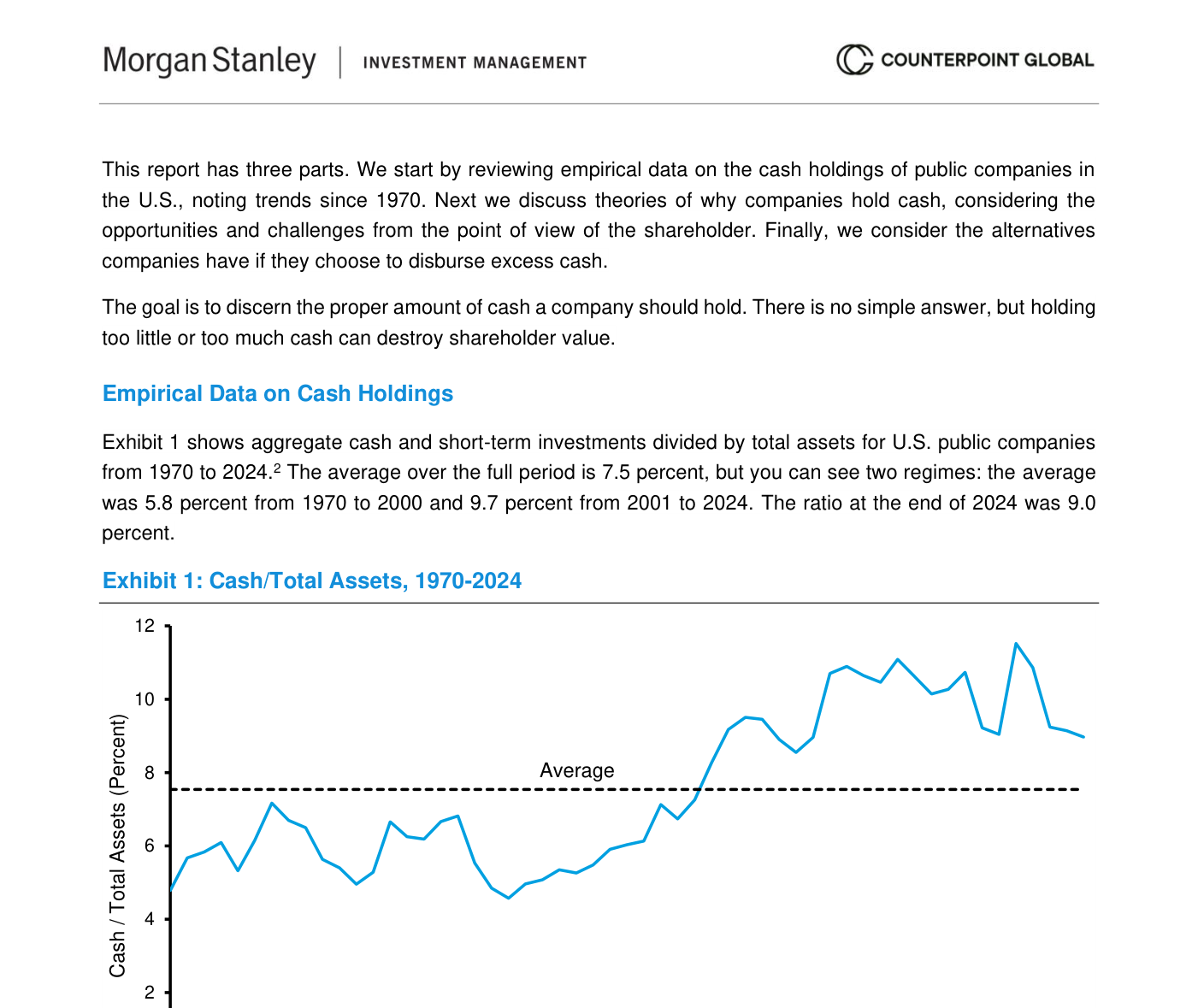 Exhibit 1 de Morgan Stanley (Counterpoint Global): efectivo sobre activos totales de las cotizadas estadounidenses excluyendo financieras, 1970-2024, en porcentaje. La línea sube de forma irregular desde niveles cercanos al 6% en los años setenta hasta una banda del 9-11% a partir de los 2000, con el pico cerca del 11-12% alrededor de 2020 y un cierre próximo al 9%. La línea discontinua marca la media del periodo, en torno al 7,5%.