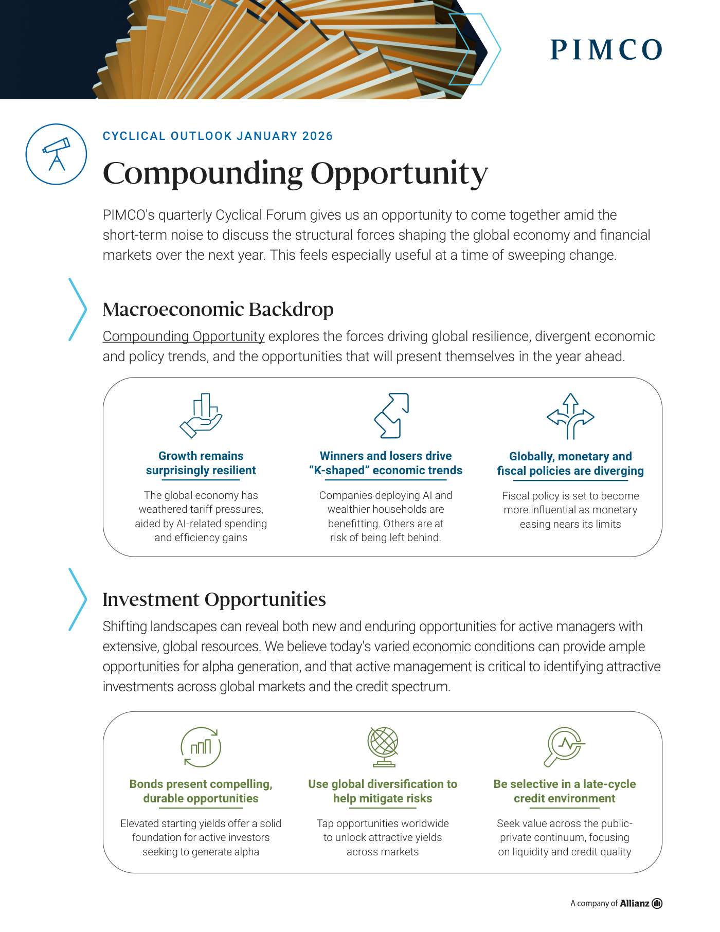 Infografía resumen del Cyclical Outlook de PIMCO con seis bloques: tres de diagnóstico macro (crecimiento resiliente, economía en K, divergencia de políticas) y tres de oportunidades de inversión (diversificación global, selectividad en crédito, bonos con rendimientos elevados).
