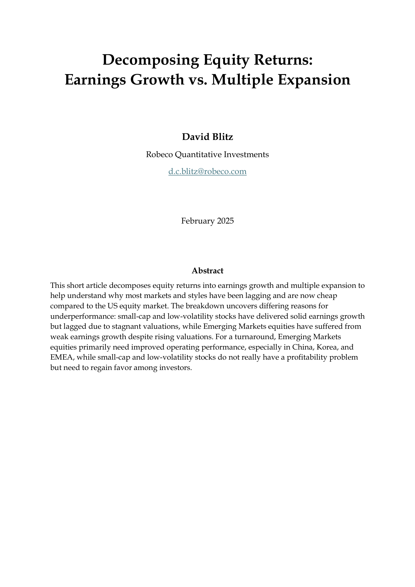 Portada del paper de Robeco "Decomposing Equity Returns: Earnings Growth vs. Multiple Expansion", David Blitz, febrero 2025