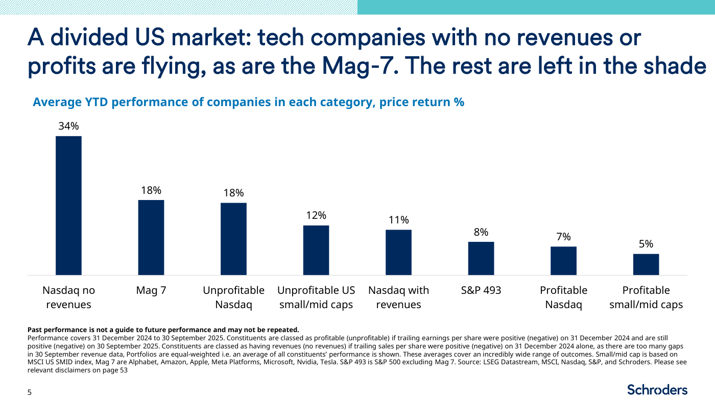 Rendimiento medio en lo que va de 2025 (retorno de precio, %) de las compañías estadounidenses agrupadas por categoría, según Schroders. Las tecnológicas del Nasdaq sin ingresos lideran con un 34% de media; les siguen los Siete Magníficos y el conjunto del Nasdaq no rentable, ambos con un 18%; las pequeñas y medianas no rentables suben un 12%; el Nasdaq con ingresos un 11%; el S&P 493 (S&P 500 sin los Magníficos) un 8%; el Nasdaq rentable un 7%; y las pequeñas y medianas rentables, las últimas, apenas un 5%.
