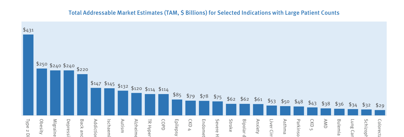 Gráfico de barras descendente, en azul, titulado estimaciones de mercado total direccionable (TAM, $ miles de millones) para indicaciones seleccionadas con grandes recuentos de pacientes. La barra más alta es la diabetes tipo 2 con 431.000 millones, seguida de obesidad (250.000), migraña (240.000), depresión (240.000), dolor de espalda y cuello (220.000), adicción (147.000), cardiopatía isquémica (145.000), autismo (132.000), enfermedad de Alzheimer (120.000), hipertensión resistente (114.000) y EPOC (114.000), descendiendo después hasta el cáncer colorrectal con 29.000 millones.