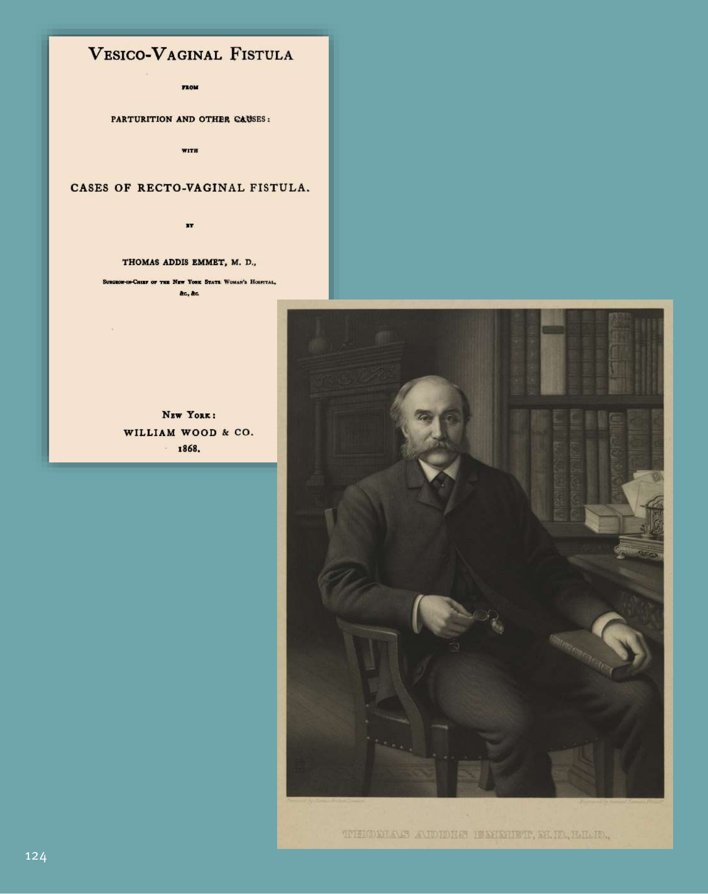 Composición que reproduce, a la izquierda, la portada de la obra de Thomas Addis Emmet 'Vesico-Vaginal Fistula from Parturition and other Causes; with Cases of Recto-Vaginal Fistula' (Nueva York, William Wood & Co., 1868) y, a la derecha, un retrato grabado del propio Emmet sentado en su despacho con un libro en las manos.