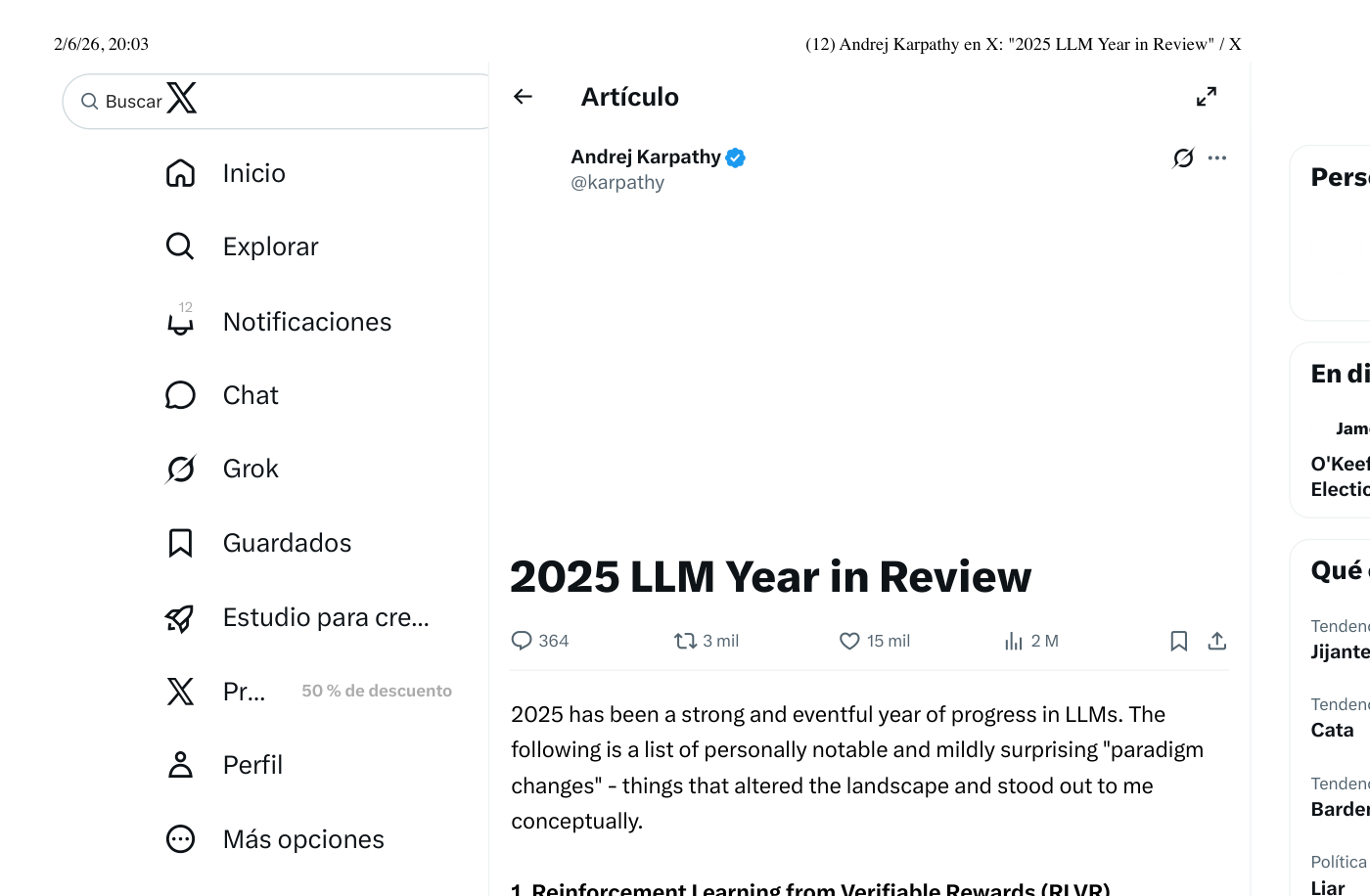 Captura de la red social X que muestra el artículo de Andrej Karpathy titulado «2025 LLM Year in Review». A la izquierda, el menú de navegación de X (Inicio, Explorar, Notificaciones, Chat, Grok…). En el centro, la cabecera del artículo con el autor verificado Andrej Karpathy (@karpathy) y el título en negrita, seguido del primer párrafo y el arranque del apartado «1. Reinforcement Learning from Verifiable Rewards (RLVR)». Bajo el título se ven las métricas de interacción: 364 comentarios, 3 mil reposts, 15 mil 'me gusta' y 2 millones de visualizaciones.